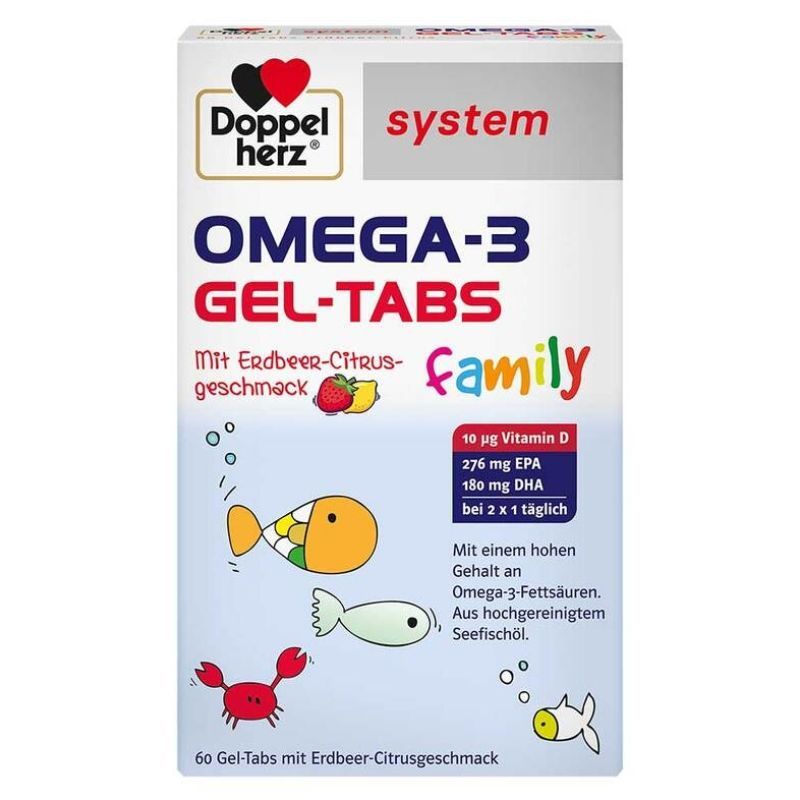 多寶雙心Doppelherz深海兒童魚油 D3添加款 咀嚼片 60入 草莓柑橘口味 Omega-3 family 推薦兒童魚油