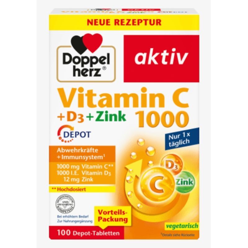 【素食】多寶雙心Doppelherz 活性維生素 C1000 + D3 + 鋅   100顆